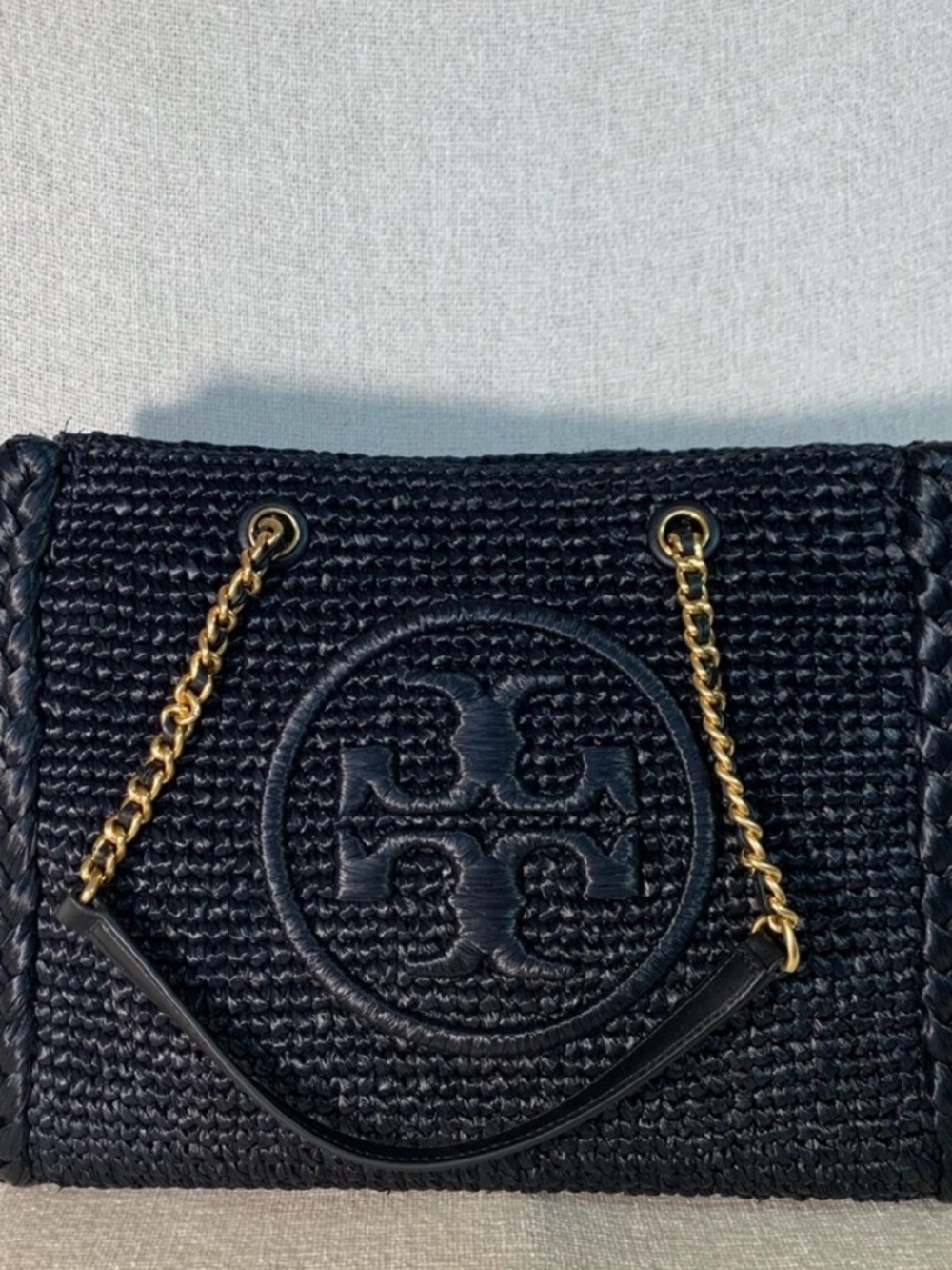 Tory Burch Black Woven Raffia Tote with Gold Chain Handles